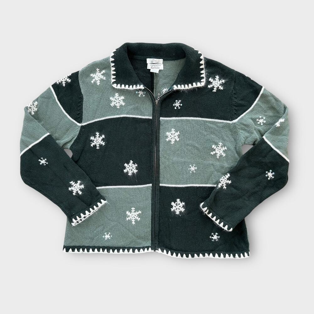 Christopher & Banks Snowflake Zip-Up Sweater Jacket Women’s Large | Green Cozy